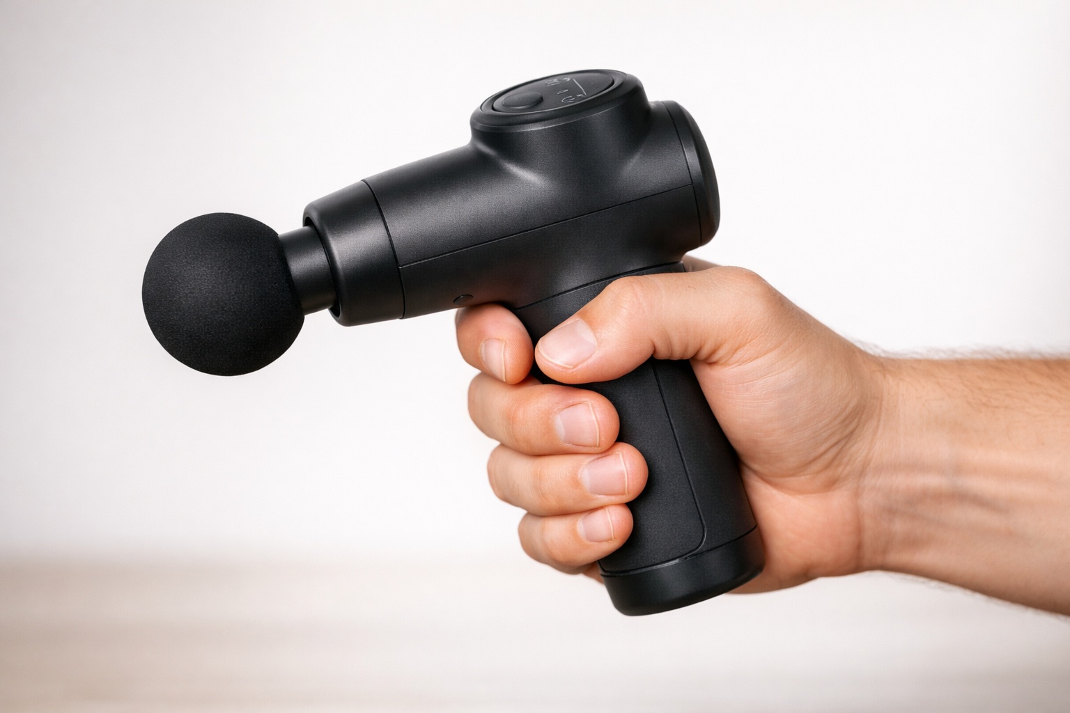Hand houdt een massage gun vast met ball-opzetstuk.